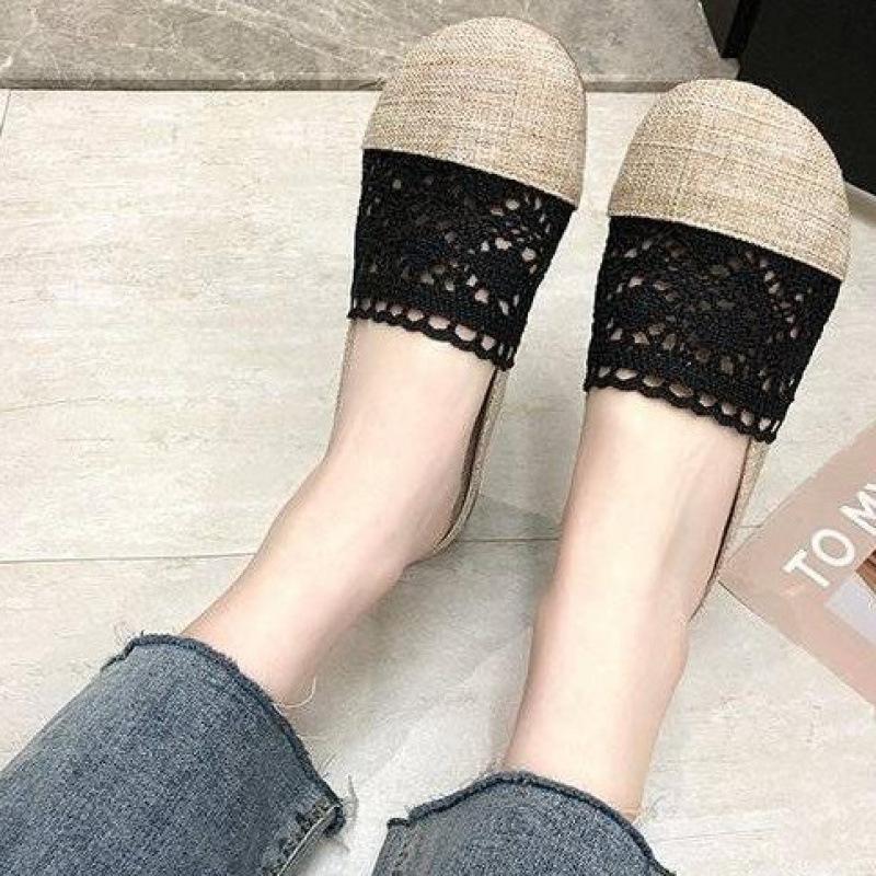 Baotou coola tofflor dam sommar samhälle litterär och konstnärlig retro linne spets ihåliga gravidskor andningsbara halvsläp damskor