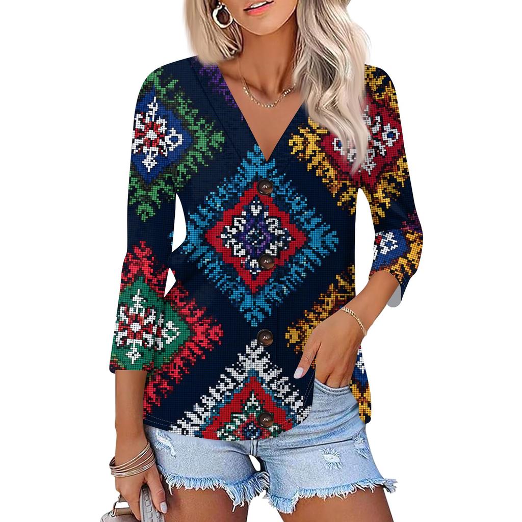 Women's Casual Fashion Floral Print Three-quarter Sleeve Button Cardigan Top