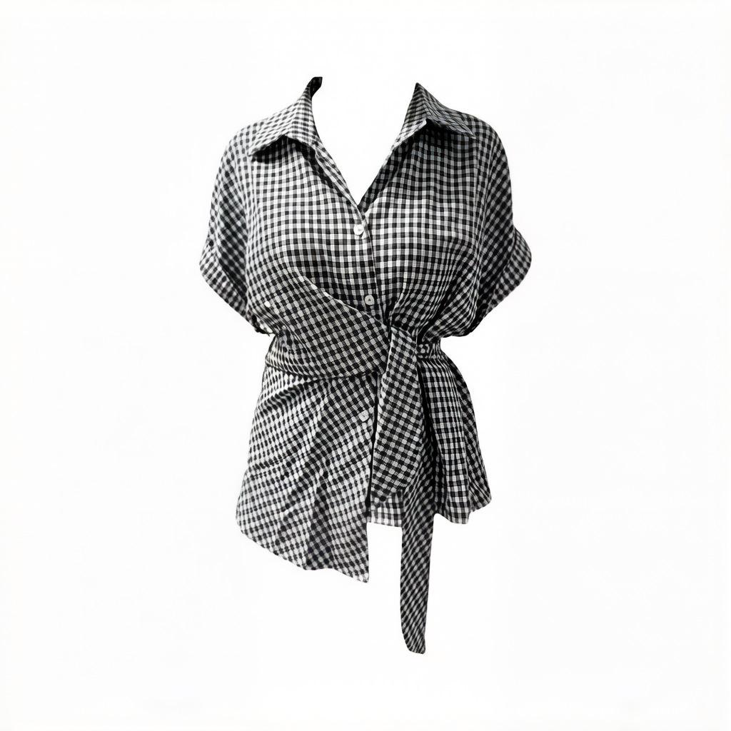 Korean Lazy Black and White Plaid Short-sleeved Shirt Women's Summer Design Sense Strap Waist Pinch Thin Versatile Top