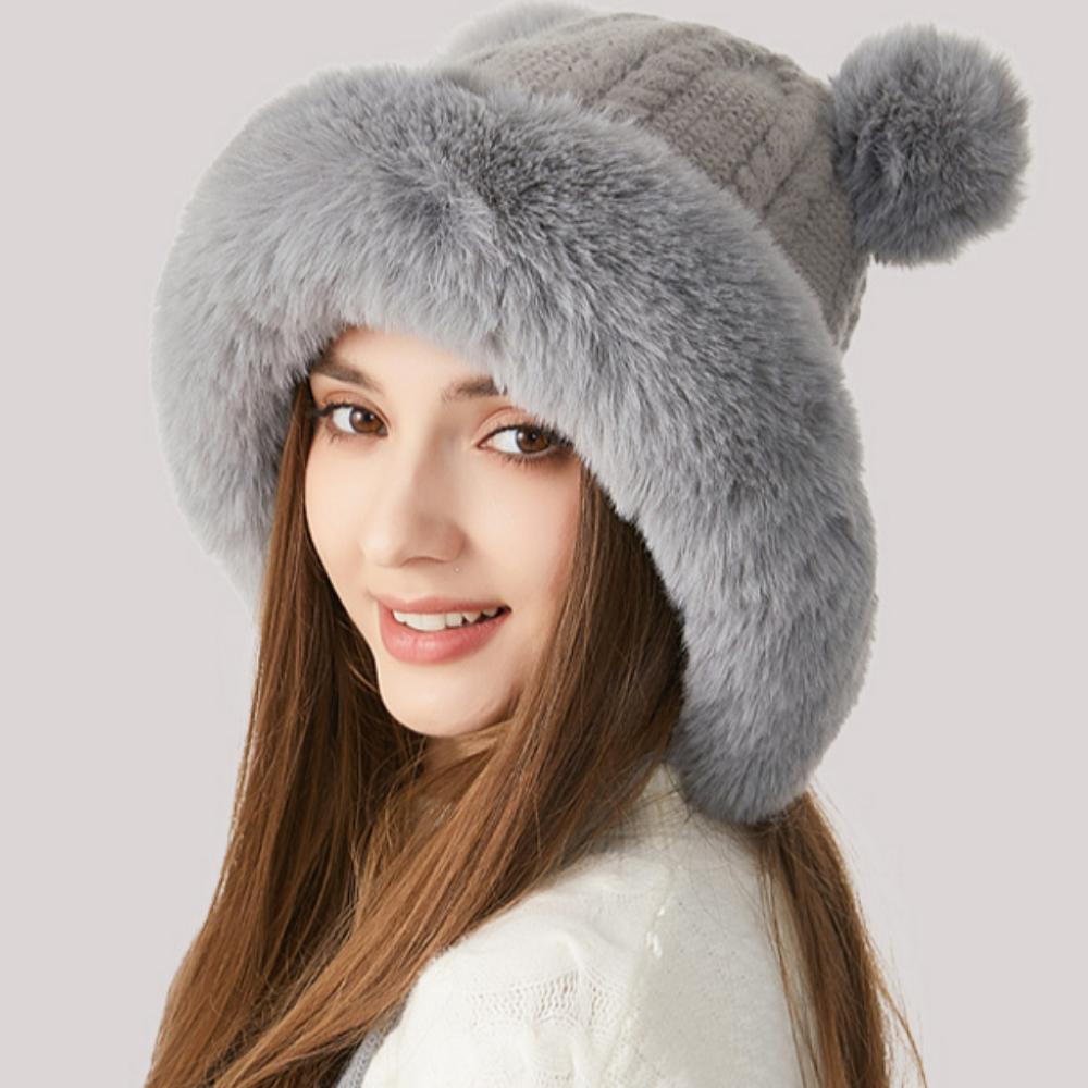 Palarie tricotata cu guler de blana gros si bile de blana rasucita Palarie tricotata pentru femei Palarie din lana de iarna in aer liber