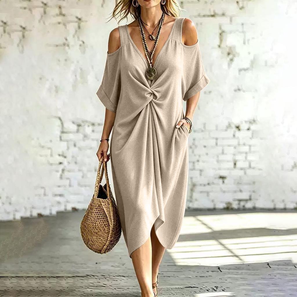 Women's V-Neck Off-Shoulder Midi Dress with Pockets Loose Fit Casual