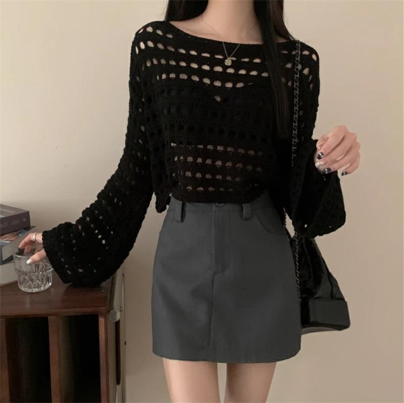 Summer loose lazy horn sleeve air-conditioning shirt hollow thin breathable blouse grid short knitted top women