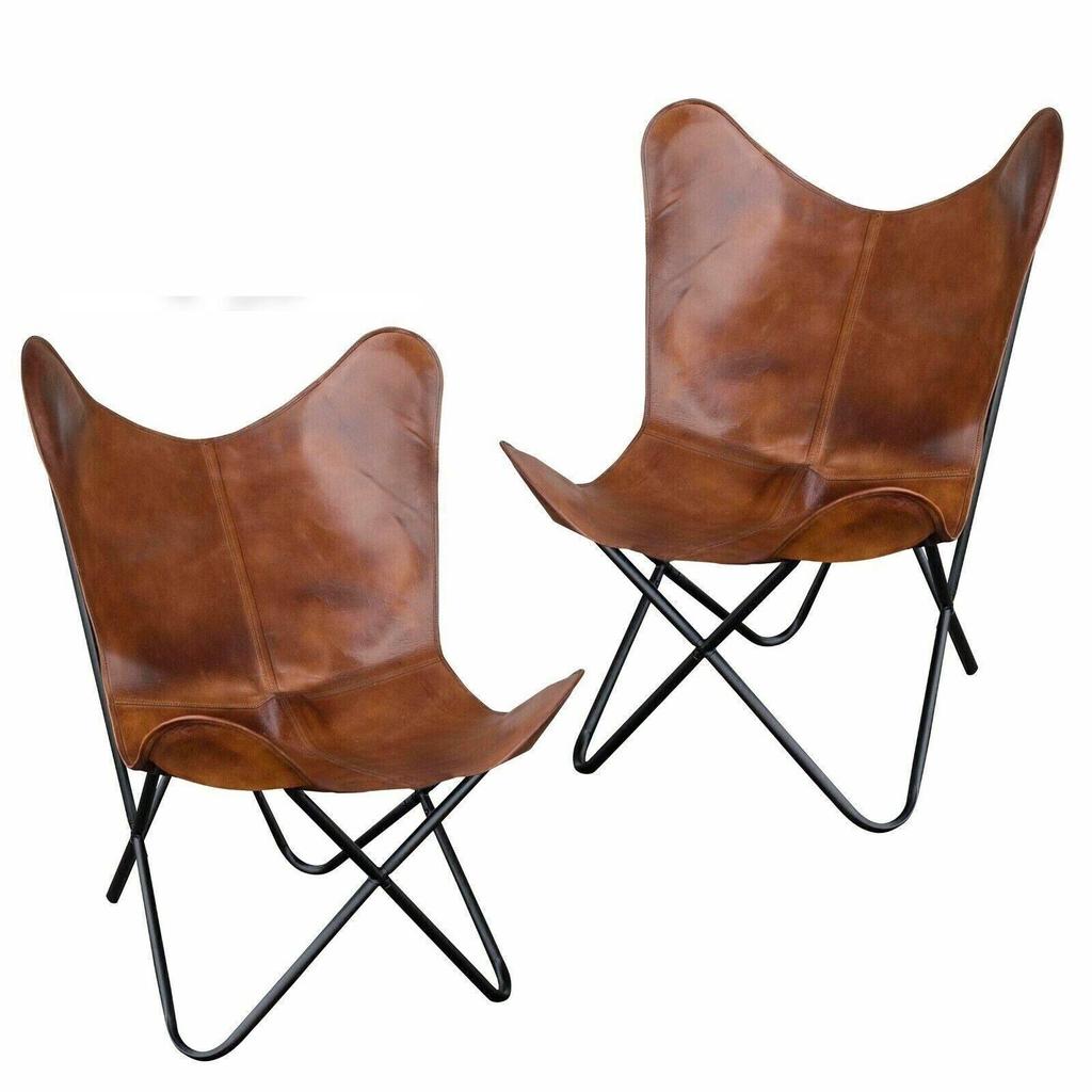 2 Handmade VINTAGE BROWN BUFFALO LEATHER BUTTERFLY RELAX ARM CHAIR BKF WITH STAND