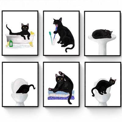 Engraçado Moderno Fofo Gato Preto No Banho Arte Pôsteres Decoração Pinturas em Tela E Impressões Para Lavabo Banheiro Sala de Estar Decoração