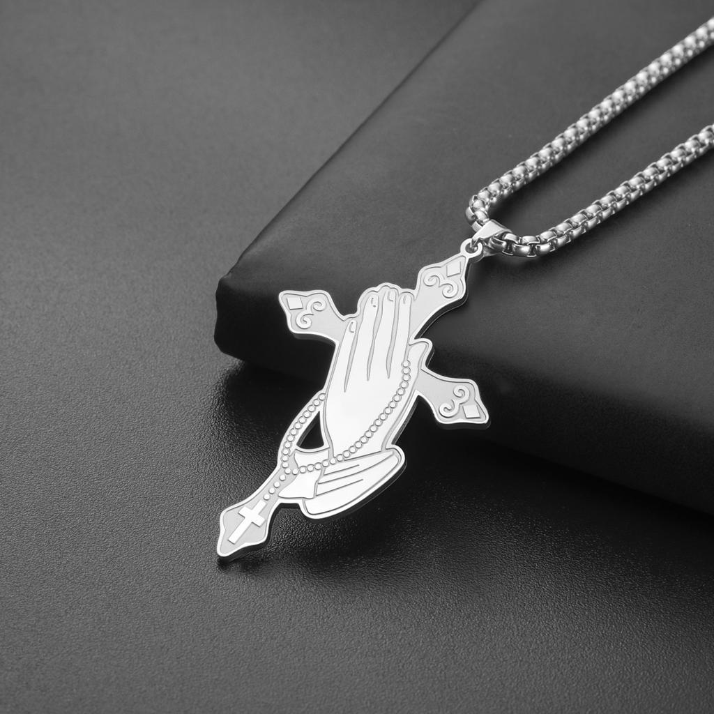 Praying Hand Cross Pendant Necklace Stainless Steel Rosary Christian Faith Jewelry for Men Women Religious Amulet Gifts