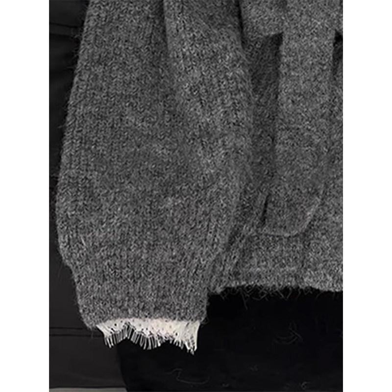 French Lace Patchwork V-Neck Two-Piece Gray Sweater - High-End Autumn/Winter Knitwear for Women