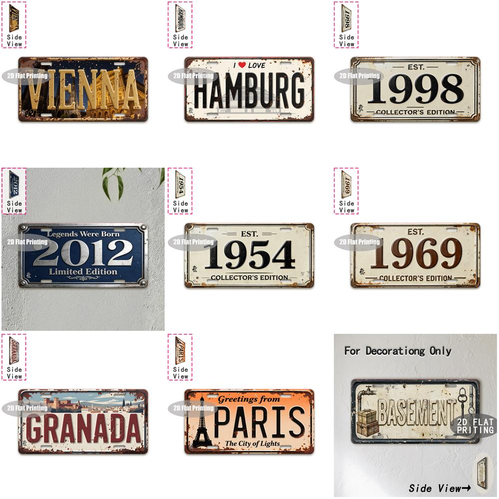 Tin Sign Vintage Durable Metal Plaque Wall Decor Home Office Bar Man Cave Basement City Birth Year License Plate Wall Art