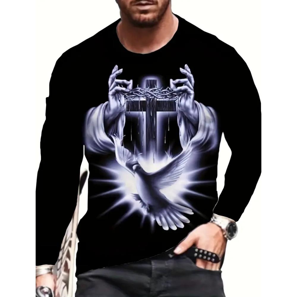 Fashion Jesus Cross Pattern T Shirt for Men 3D Lion Print Long Sleeve T-Shirt Hip Hop Trend Vintage Clothes Oversized T-Shirt