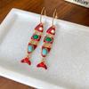 Vintage Ethnic Blue Red Enamel Fish Tassel C Shaped Long Hoop Earrings Women Gold Plated Alloy Casual Party Jewelry