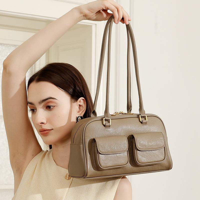 Genuine Leather Vintage Underarm Bag Bowling Bag Boston Underarm Bag Shoulder Bag Women's Bag