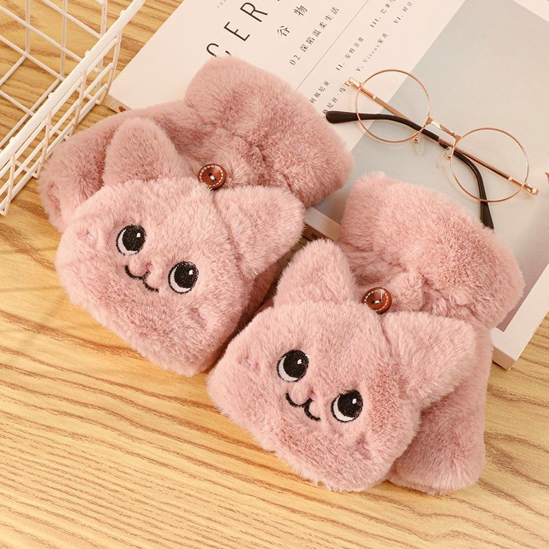 Women Plush Warm Glove Fur Lovely Rabbit Cat Mittens Flip Fingerless Gloves Soft Female Thick Gloves Flexible Half Finger Winter