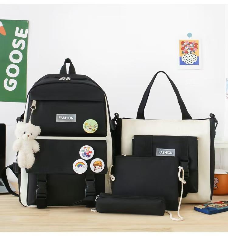 New schoolbag backpack women's Korean version canvas large capacity five-piece set middle school student backpack student schoolbag women