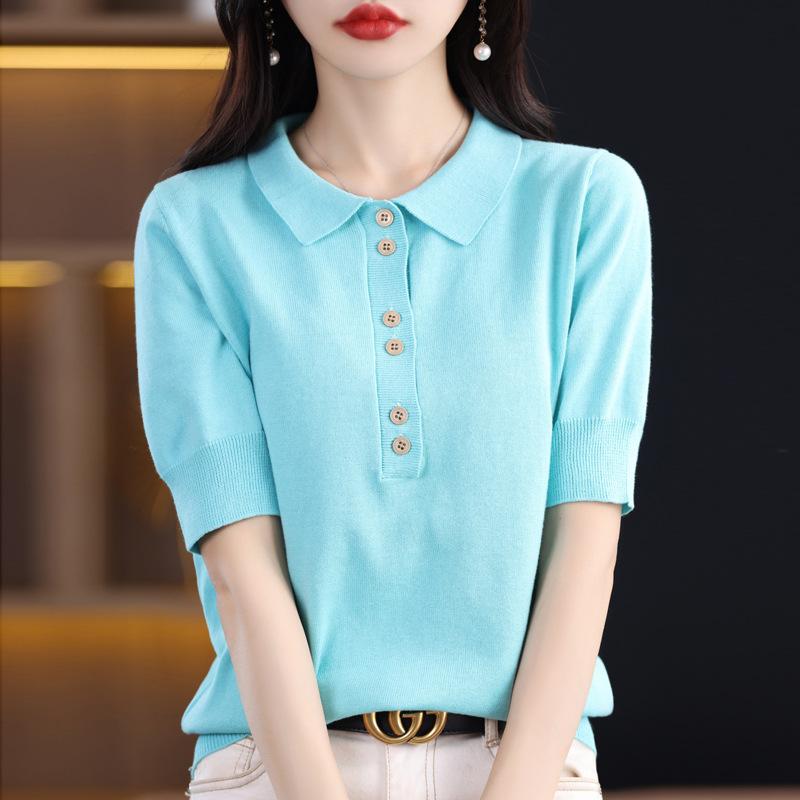 

Летний свитер с коротким рукавом женский на пуговицах однотонный пуловер базовая футболка топ XXL синий