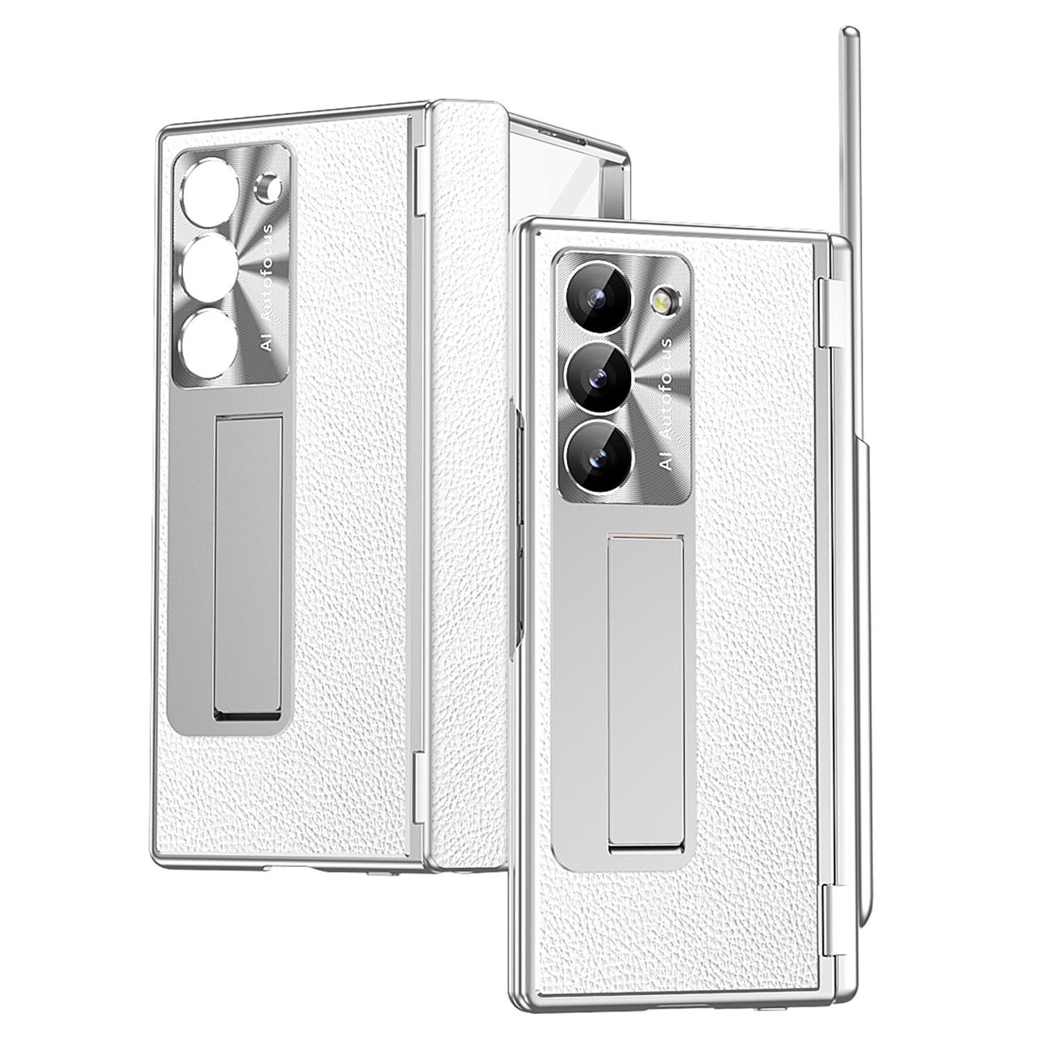 

For Samsung Galaxy Z Fold6 5G PU Leather+Aluminum Alloy Kickstand Cover Folding Phone Case with Pen/Pen Slot Silver