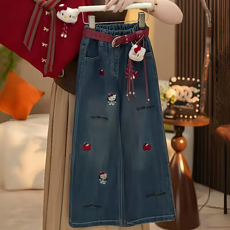 2025 Girls’ Korean Style Denim Two-Piece Set: Spring & Autumn Fashion with Casual Wide-Leg Pants