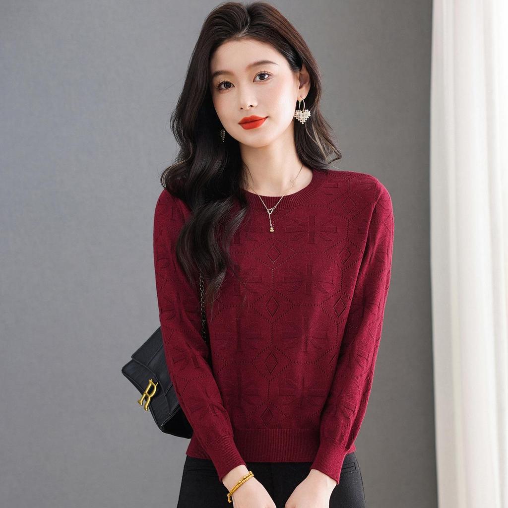Women's Wine Red Versatile Round Neck Long Sleeve Knitted Sweater - Loose Fit and Slimming Fashionable Inner Wear