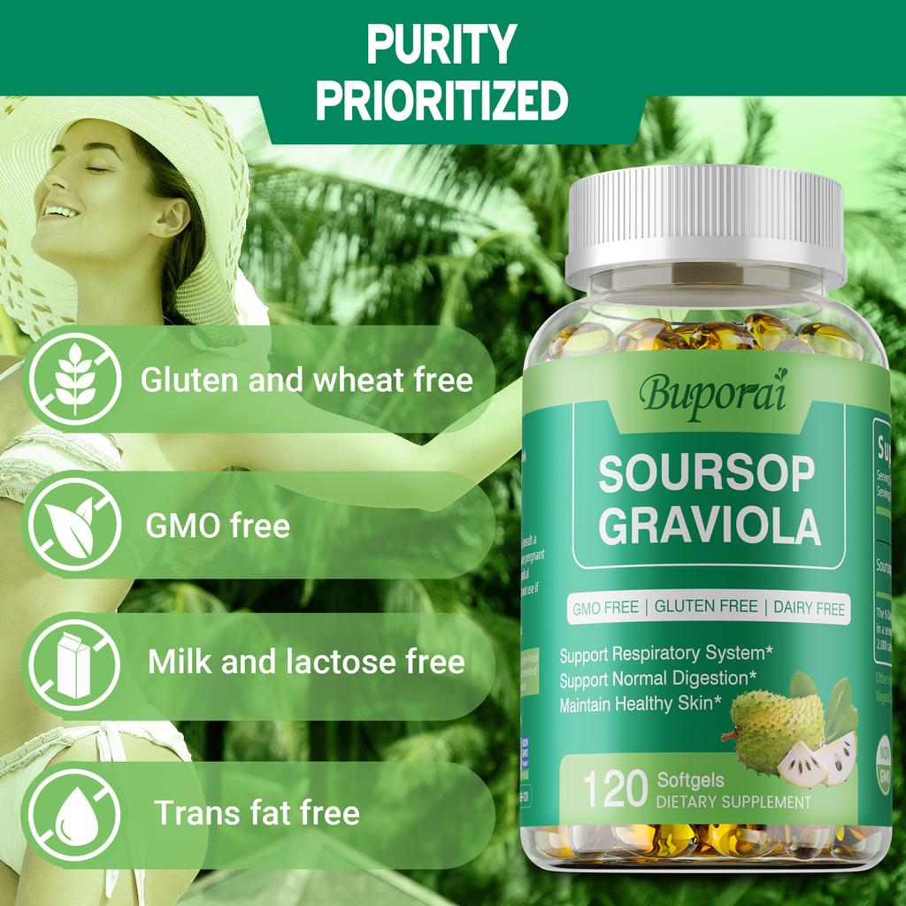 Soursop Leaf and Fruit Extract 120 Capsules High Potency 1000 Mg Supports Respiratory and Digestive Health