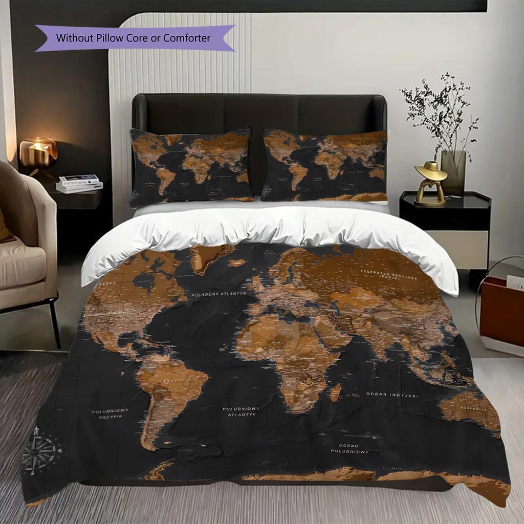 Vintage World Map Artistry Bedding (1 * duvet cover + 2 * pillowcase, without core) 2D Flat Christmas birthday gift Soft and comfortable Bedding set