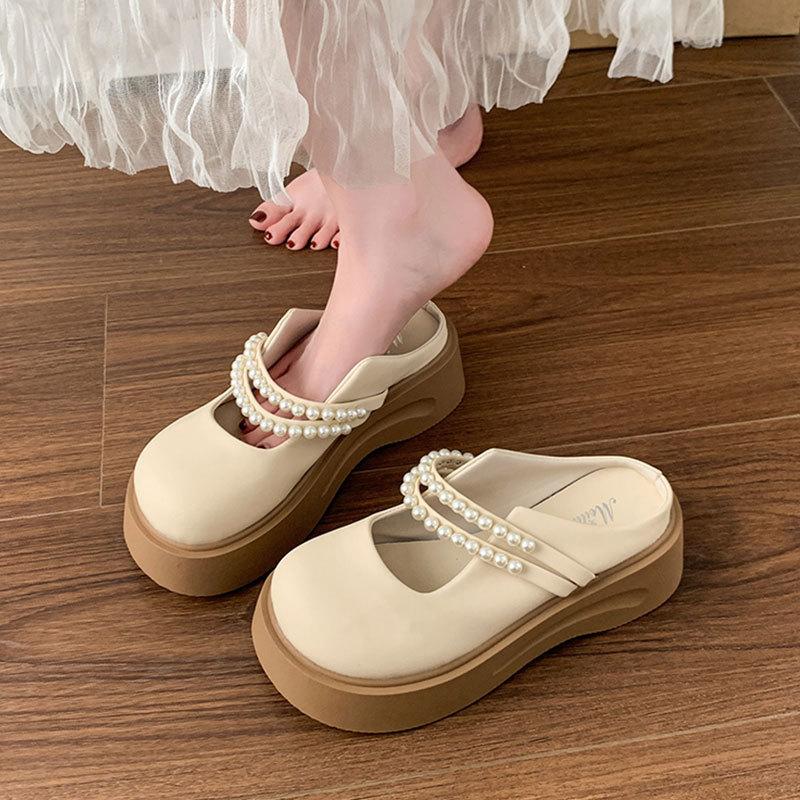 Pärlfranska Mary Jane-skor med tjocksula och en rem, halvtofflor för kvinnor för vår och sommar, ytterkläder 2025 nya coola tofflor