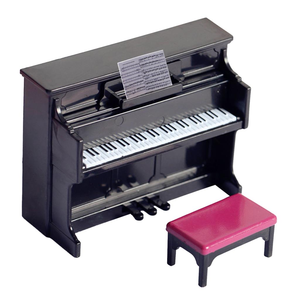 Dollhouse Piano with Stool Miniature Musical Instrument Ornament Dollhouse Model Gift for Children Scene Shooting Props