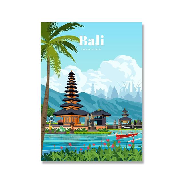 Famous City Retro Travel Poster Cartoon London New York Bali Tokyo Landscape Canvas Painting Wall Art Pictures Livingroom Decor