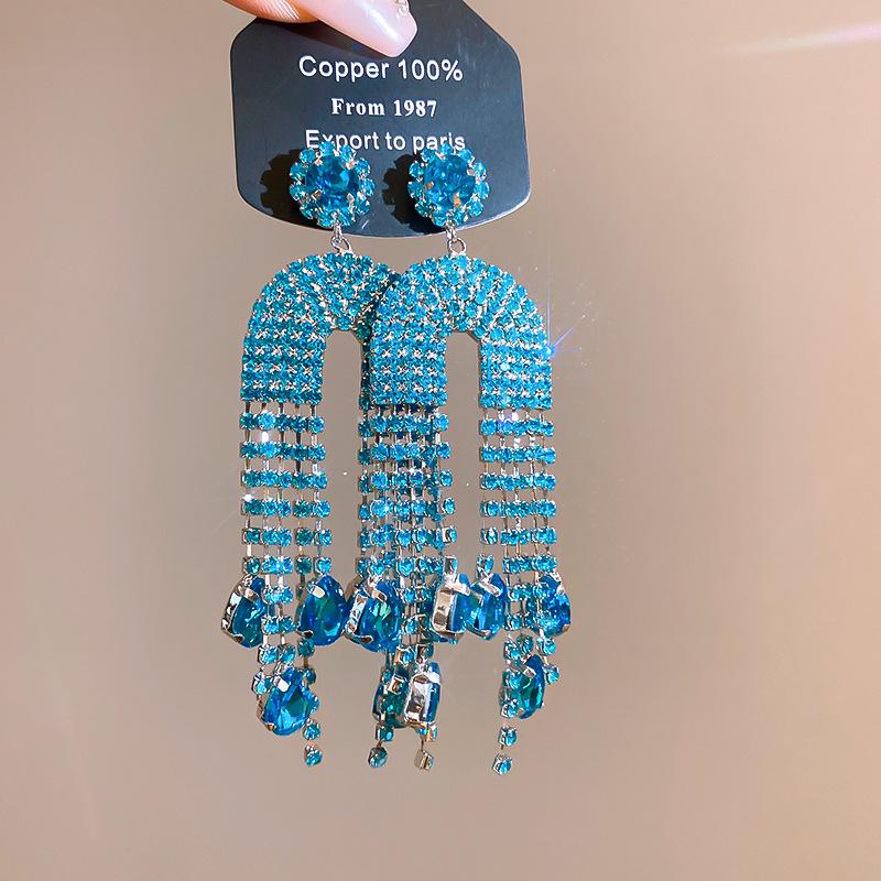 Elegant Rhinestone Teardrop U-Shaped Tassel Earrings for Women - Exquisite, High-End, Fashionable Statement Jewelry