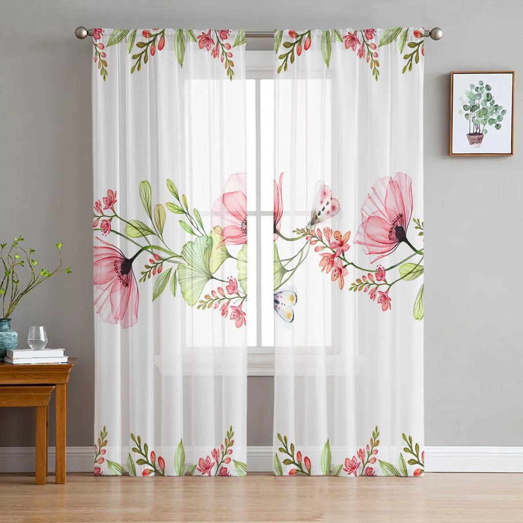 Black White Flowers Printed Curtains Drape Tulle Home Decoration Living Room Bedroom Cortinas Chiffon Window Light Filtering Polyester Great Treatment