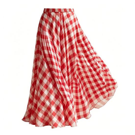 Women Maxi Skirt Elastic Long Skirt Flowy Waist Plaid Print Hem Lightweight Summer S красный