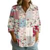 Women's Button Front Patchwork Floral Print Shirt Three Quarter Sleeve Loose Fit Blouse with Collar and V Neckline