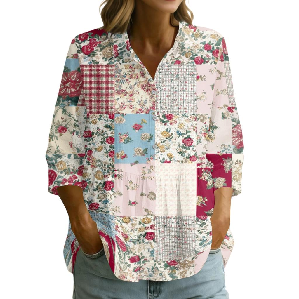 Women's Button Front Patchwork Floral Print Shirt Three Quarter Sleeve Loose Fit Blouse with Collar and V Neckline