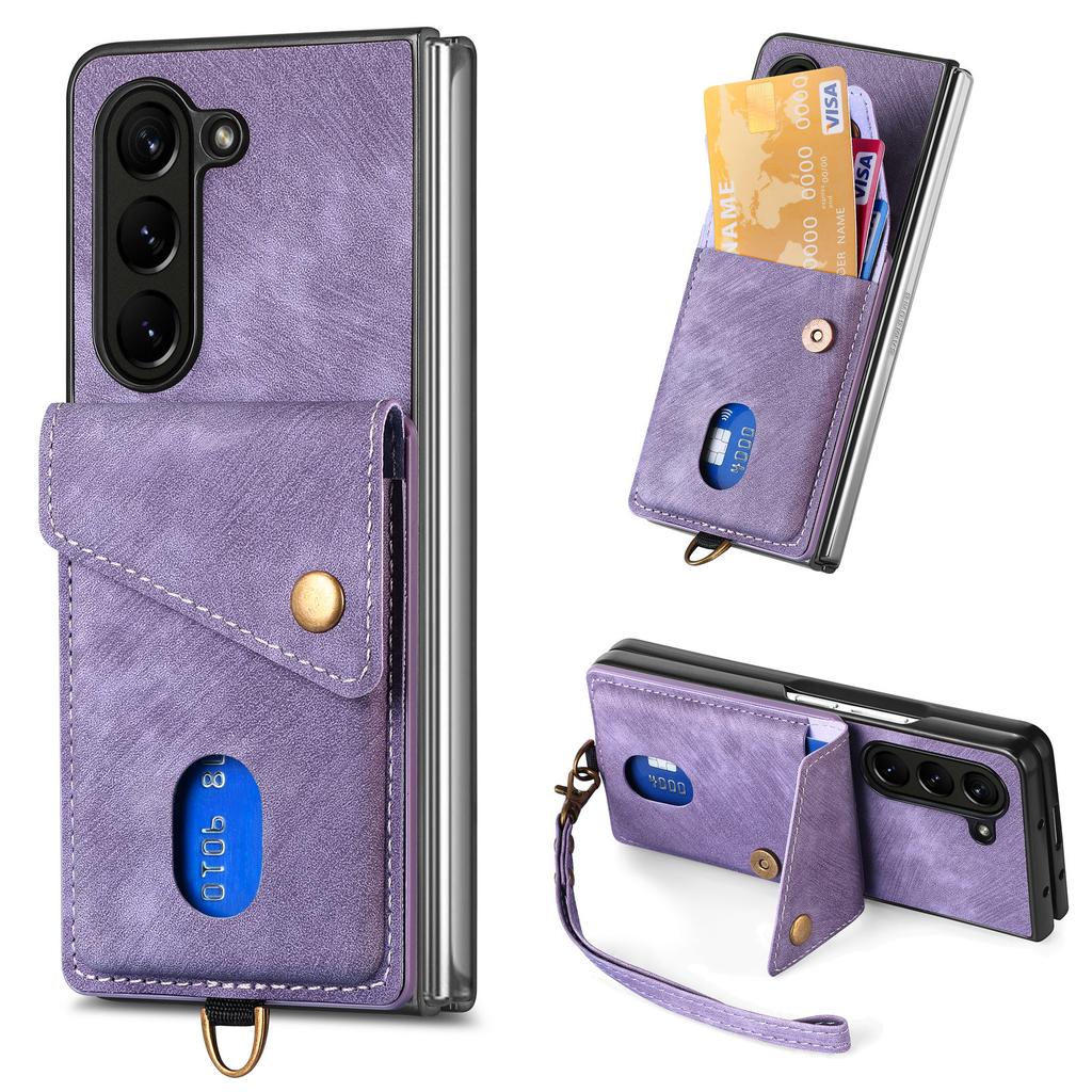 D1 For Samsung Galaxy Z Fold6 5G Case Kickstand Card Bag Leather+PC Phone Cover with Strap