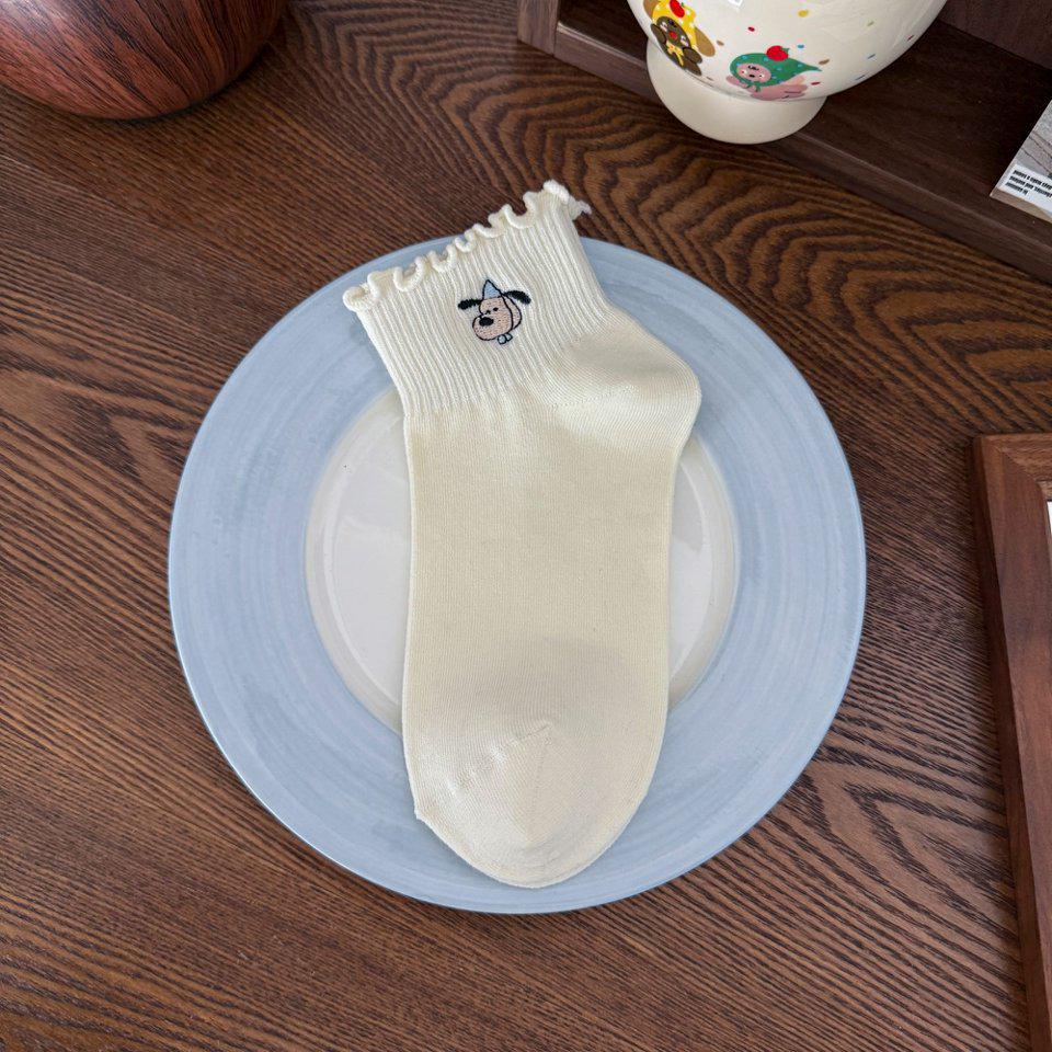 Korean Lolita Lace Ruffle Low-Cut Socks with Cute Animal Embroidery