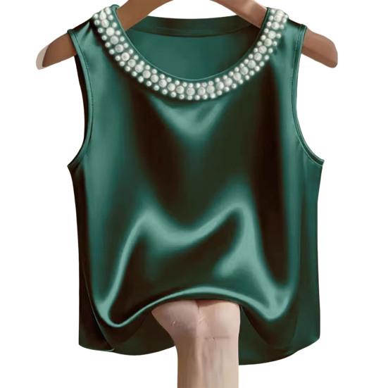 Damenweste Rundhalsausschnitt Imitierte Perlen Verziert Ärmellos Oberteile Glattes Satin Weiche Oberteile Lockerer Schnitt Freizeitoberteile Party Urlaub Tägliche Kleidung