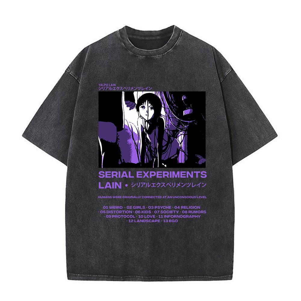 Japanese Anime Serial Experiments Lain Vintage Washed T Shirt Manga Iwakura Girl Sci Fi T-shirts Men 100% Cotton Casual T Shirt