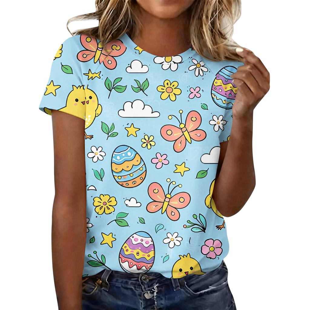Women's Fashionable Casual Short-Sleeved Raglan Sleeve Easter Print T-Shirt Top