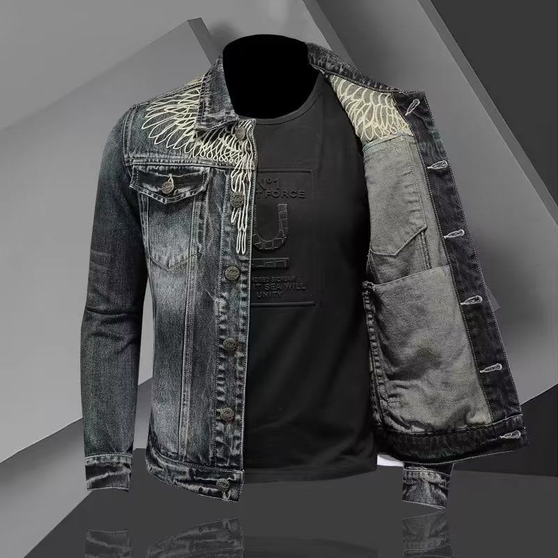 Herren Retro Jeansjacke High Street Trendy Bestickte Revers Motorradjacke Lockere Freizeitmode Vielseitige Herrenbekleidung