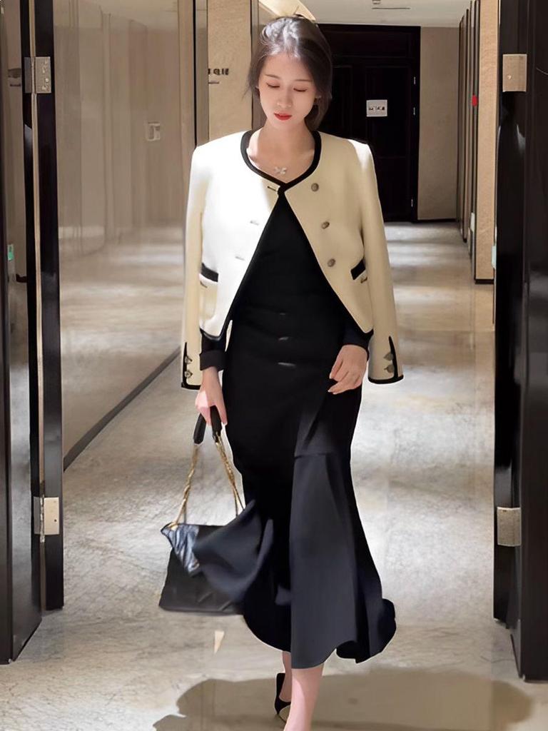 Elegant Coco Style Spring Suit Set: Women's Long Sleeve Jacket + Skirt