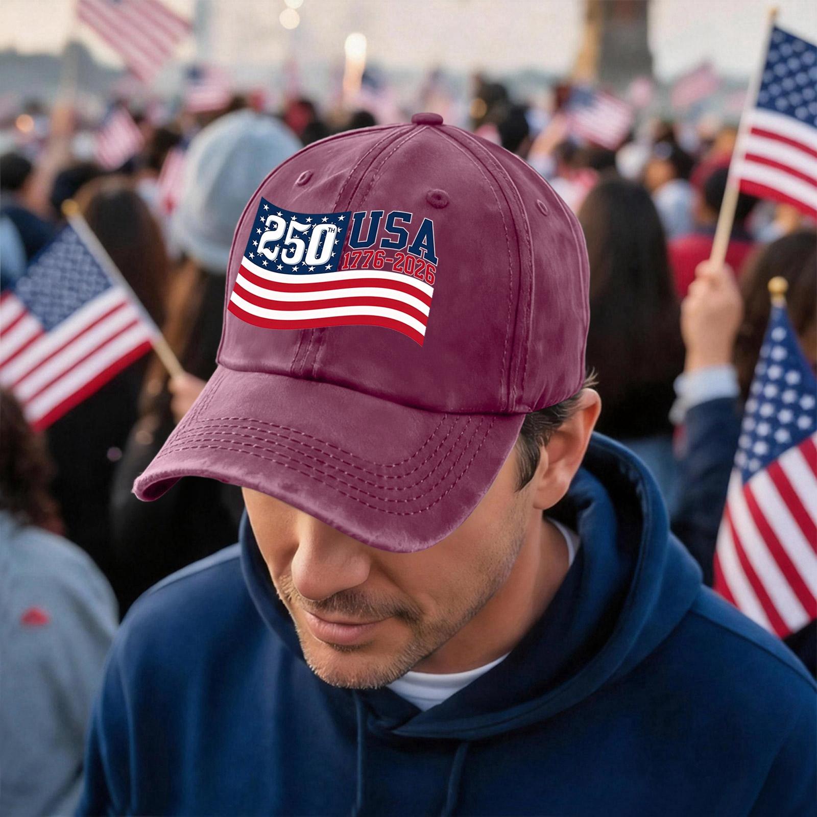 

Unisex Vintage Washed Baseball Cap with 250 Anniversary USA 1776 2026 Print Adjustable Fit Cotton Dad Hat One Size винний