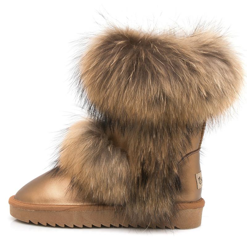 Fashion 2025 All-Match Natural Fox Fur Snow Boots Real Suede Leather Shoes Mid-Calf Knee-High Boots Raccoon Fur Warm Women'S Flat Boots