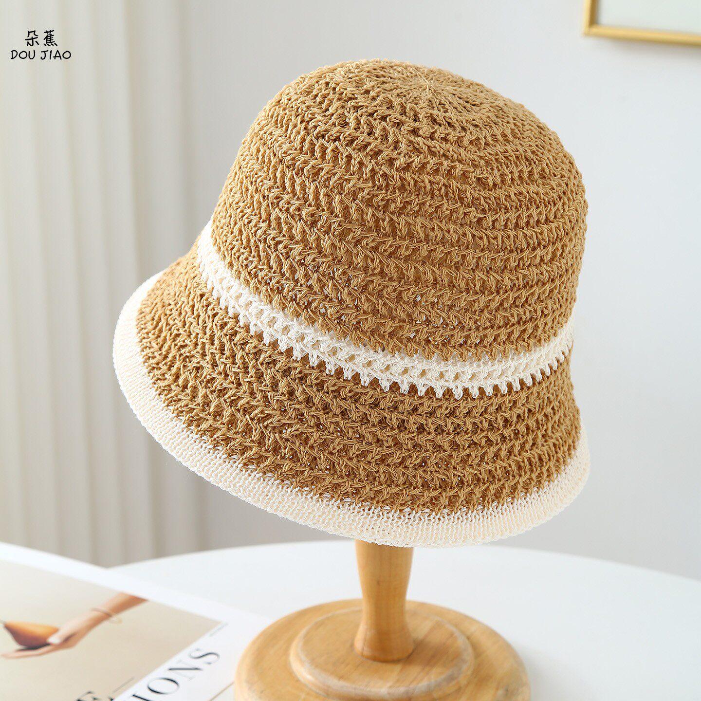 

Women s Striped Summer Straw Fisherman Hat Hollow Breathable Face-Slimming Sunhat 56-58cm