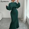 Women's Elegant Stand Collar Mesh Lace Crushed Diamond Long Sleeve Ruched Waist Tailored Evening Gown Dress