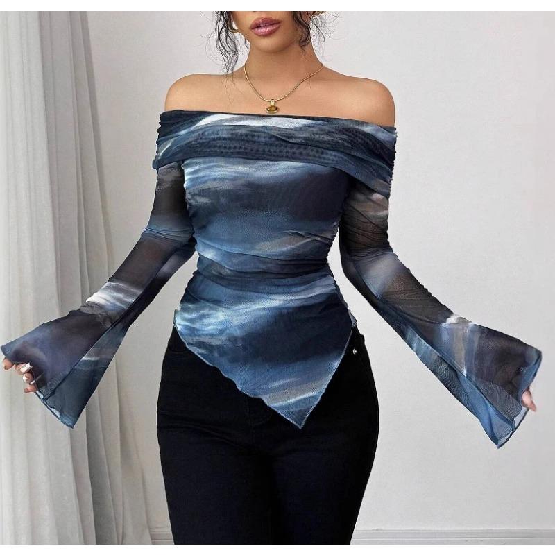 T-shirt Top da Donna a Maglia Rete Stampata Scollo a Barca Sulla Spalla Manica Lunga Vestibilità Slim