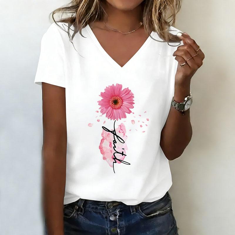 Faith Flower T-shirt V-neck casual fashion T-shirt XS