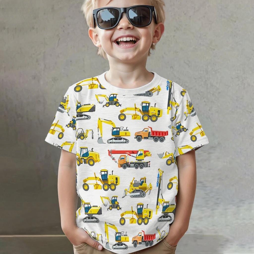Summer Round Neck Vehicle Themed 3D Printed Top Fashionable Casual Short Sleeved Children's Boy T-shirts
