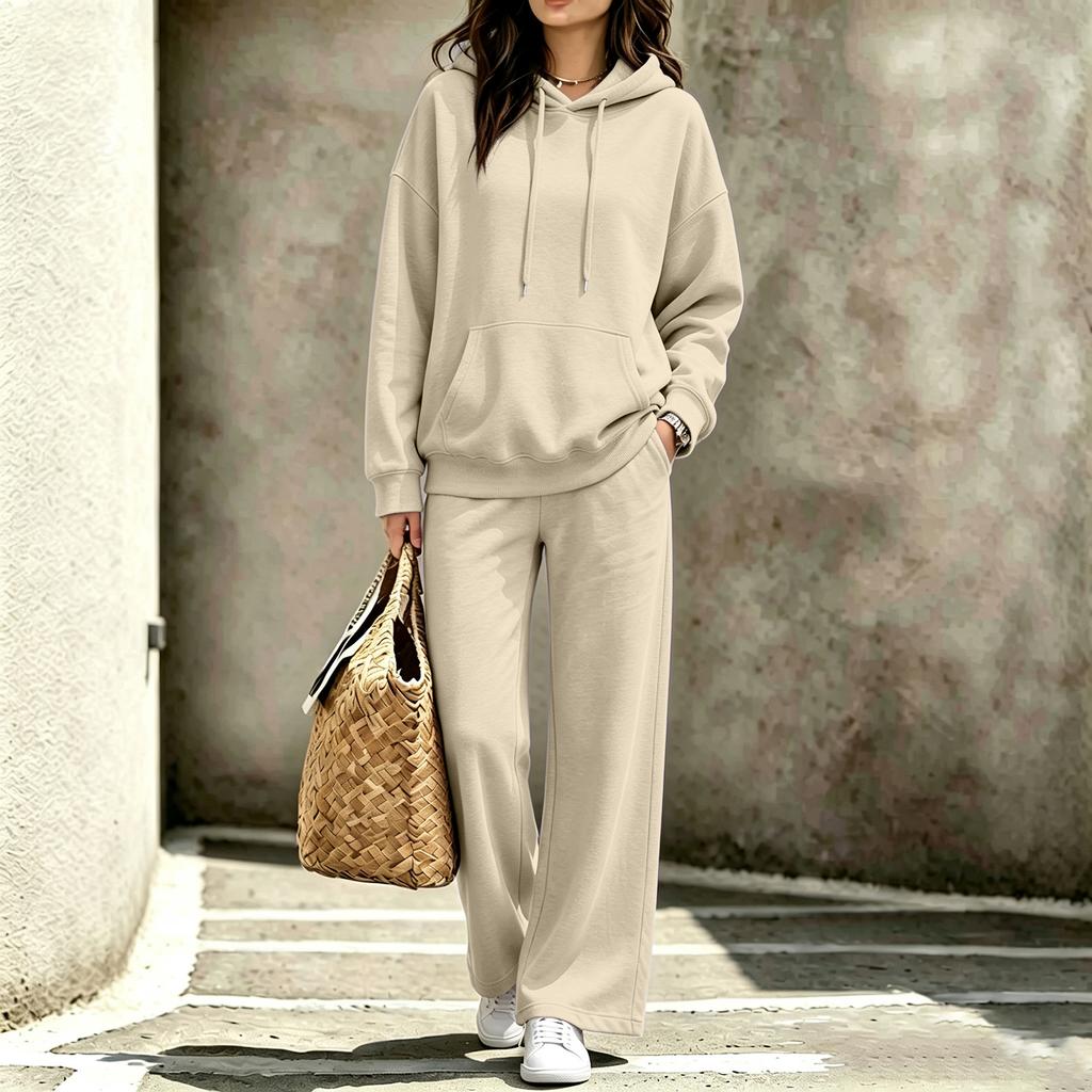 Women's Casual Hooded Sweatshirt and Pants Set with Pockets for Fall and Winter