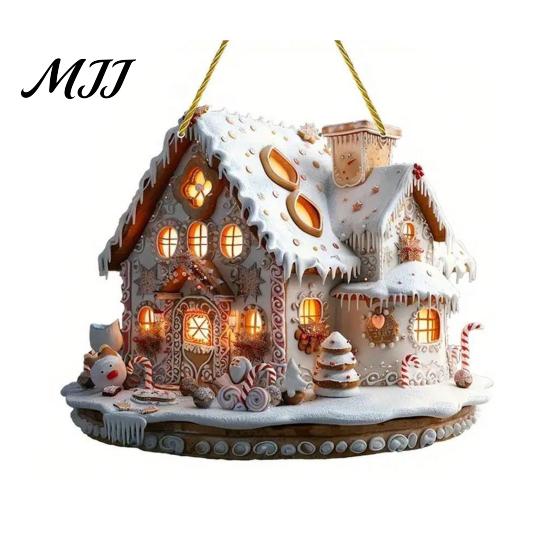 Holiday Party Decorations Christmas Santa Claus Carousel/Snow Cottage Hanging Ornament, Double-Sided Winter Festival Ornaments Acrylic Pendant