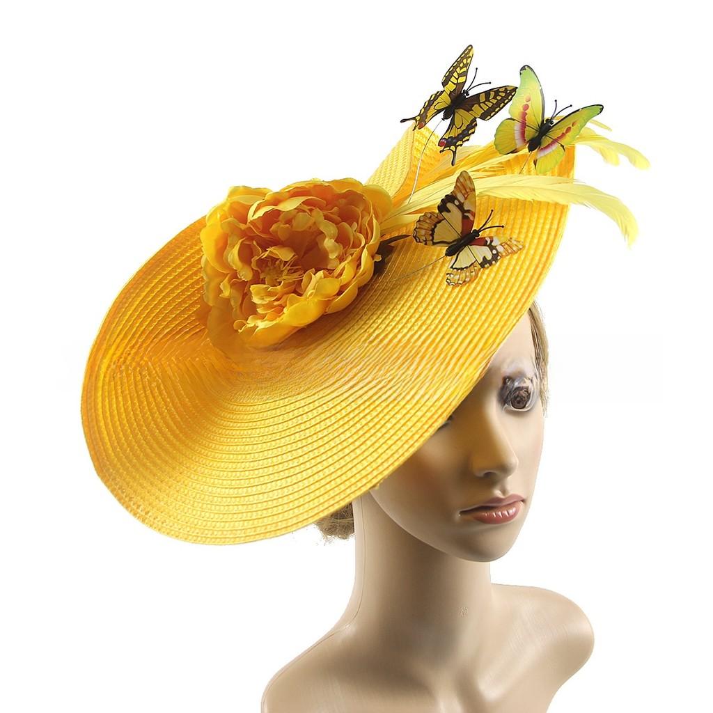 

Vintage British Peony Flower Hat With Wide Brim And Flat Top For Elegant Wedding Or Garden Party жёлтый