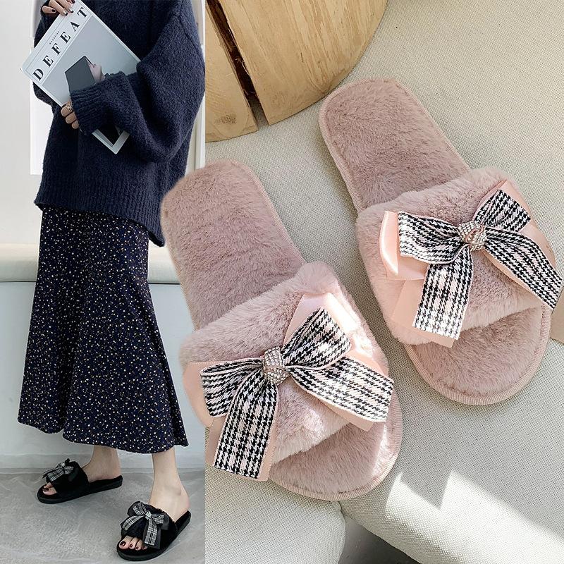 Mao Mao Cotton Slippers 2020 New Autumn and Winter One-word Bow Slippers Indoor and Outdoor Warm Fashion Flat Slippers