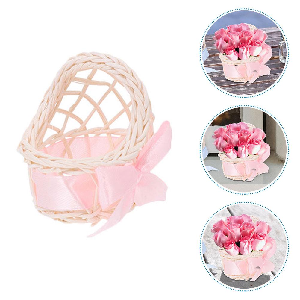 6pcs Miniature Rattan Woven Flower Basket Flower Shop Desktop Ornaments House Rattan Weaving Storage Basket 7.5X6CM