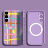 Grid Seaside Whale Print Case For Samsung Galaxy S26 Ultra S25 FE S24 S23 S22 Plus S21 FE Built-in Metal Plate Magnetic Silicone Cover